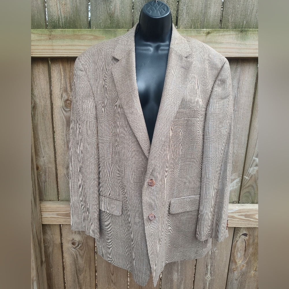 🏵️ Lauren Ralph Lauren VTG Neutral Plaid Silk Wool Men's Blazer Suit Jacket